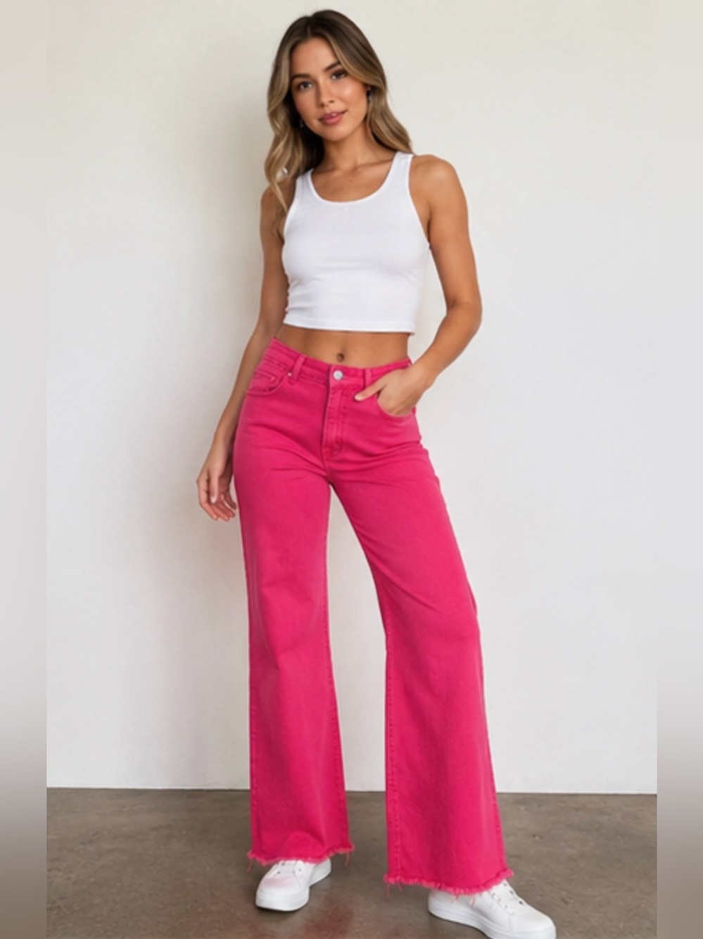 High-Rise Wide Leg Jeans in Hot Pink